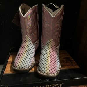 Old West Toddler‎ Girls Square Toe Pink Multi Faux Leather Cowboy Boots Sz 6,5